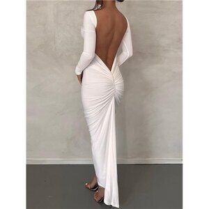 Backless Ruched Long Sleeve Maxi Dress